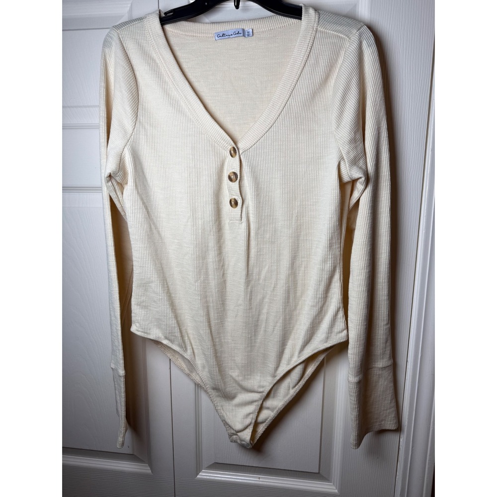Culture Code Ivory Ribbed Henley Bodysuit V-Neck Long Sleeve Cream 1X